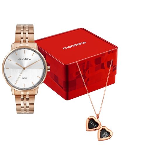 Kit Relógio Feminino Mondaine Aço Analogico com Colar