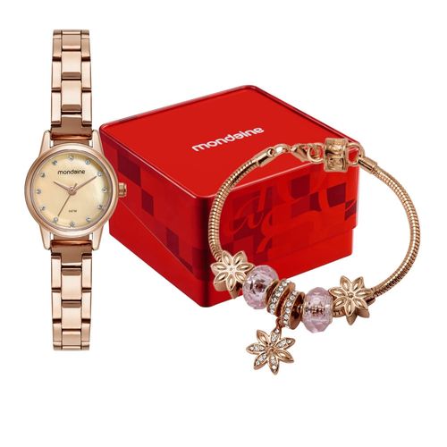 Kit Relógio Feminino Rose Gold Com Acessórios Madreperola