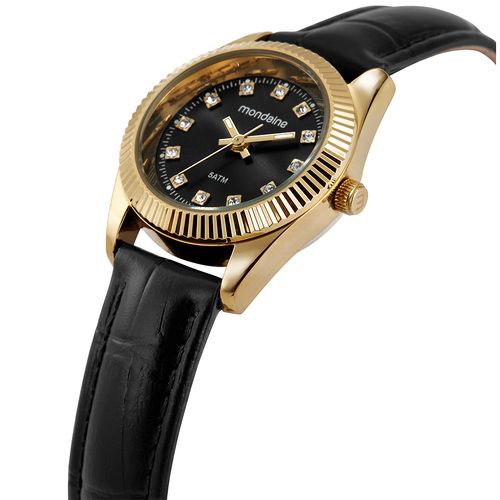 Relógio Feminino Caixa Pequena Couro Dourado e Preto