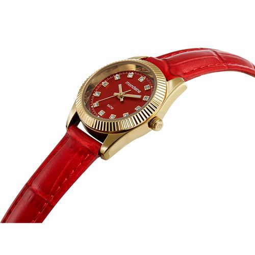 Relógio Feminino Caixa Pequena Couro Dourado e Vermelho