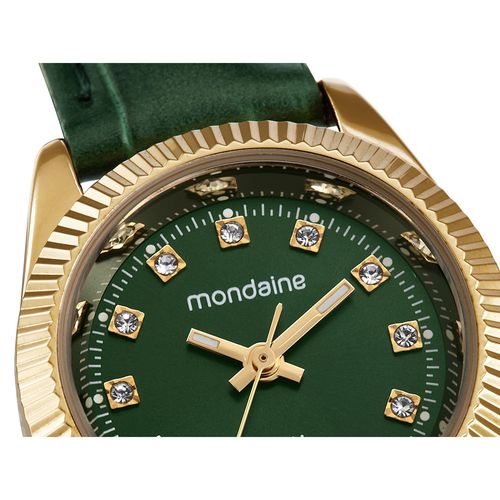 Relógio Feminino Caixa Pequena Couro Dourado e Verde