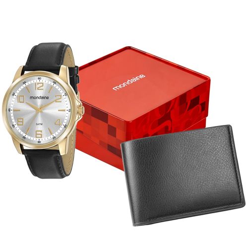 Kit Relógio Masculino Prata Couro Sintético Carteira