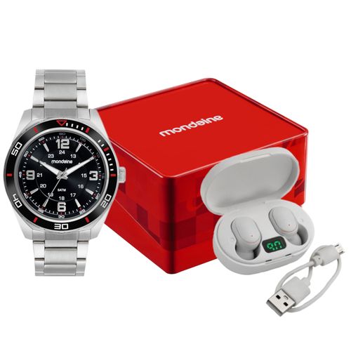 Kit Relógio Masculino Prata Aço Redondo