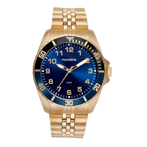Kit Relógio Masculino Dourado Mostrador Azul