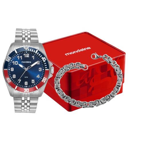 Kit Relógio Masculino Prata Mostrador Azul