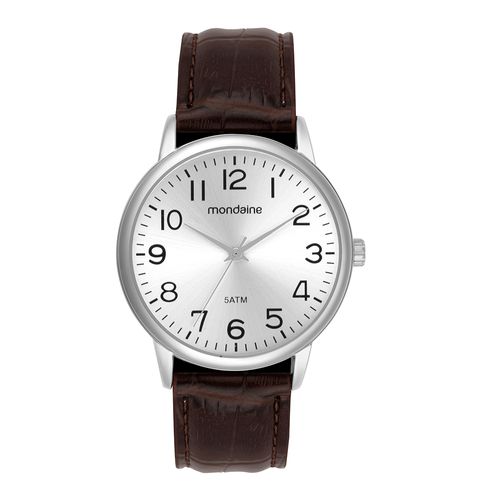 Kit Relógio Masculino Prata Mostrador Prata Pulseira Marrom