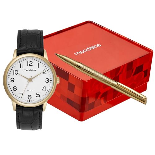 Kit Relógio Masculino Preto Mostrador Branco Pulseira Couro