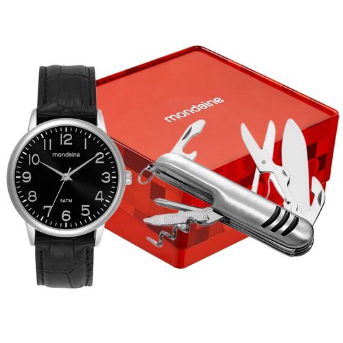 Kit Relógio Masculino Preto Mostrador Preto Pulseira Couro