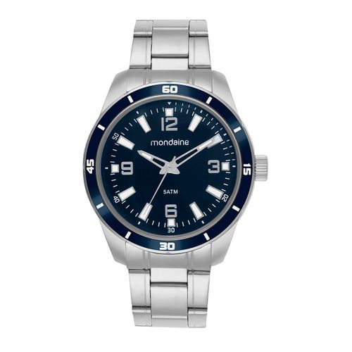 Relógio Masculino Prata Aço Mostrador Azul Números