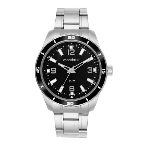 Relógio Masculino Prata Aço Redondo Mostrador Preto