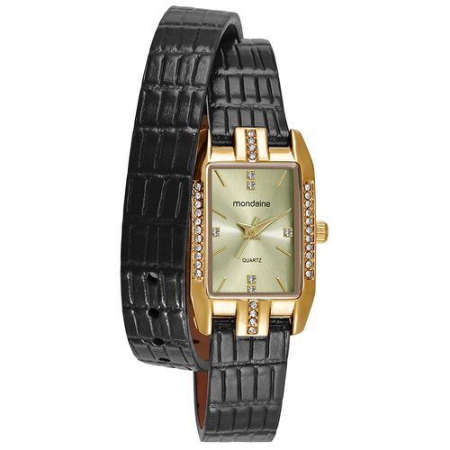 Relógio Feminino Mondaine Preto Couro Quadrado Champagne