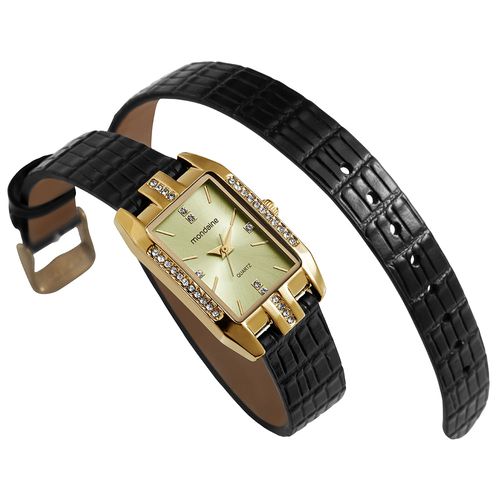 Relógio Feminino Mondaine Preto Couro Quadrado Champagne