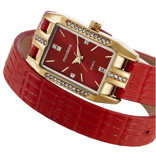 Relógio Feminino Mondaine Vermelho Couro Legítimo Quadrado