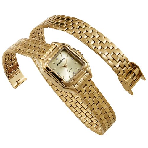 Relógio Feminino Dourado Aço Quadrado Champagne Index