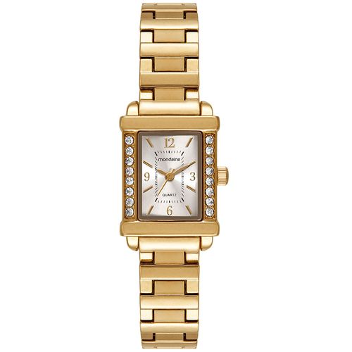 Relógio Feminino Dourado Metal Quadrado Mostrador Prata