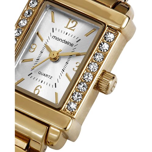 Relógio Feminino Dourado Metal Quadrado Mostrador Prata