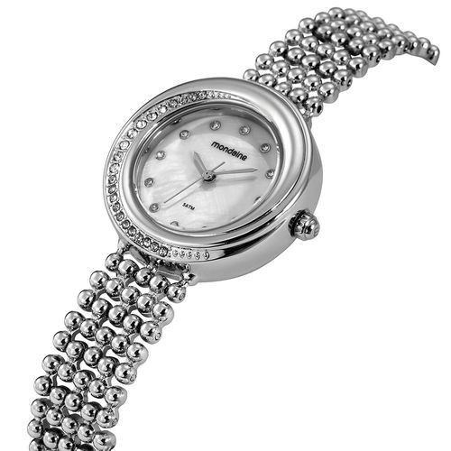 Relógio Feminino Prata Metal Redondo Mostrador Branco