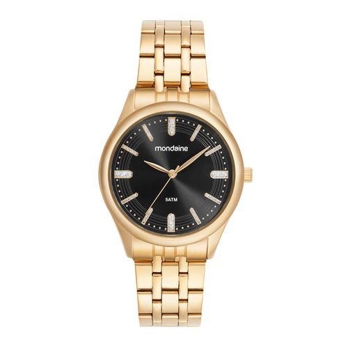 Relógio Feminino Dourado Aço Mostrador Preto Index