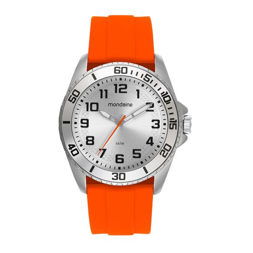 Relógio Masculino Laranja Silicone Mostrador Prata