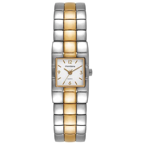 Relógio Feminino Bicolor Metal Quadrado Mostrador Branco