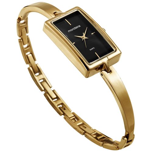 Relógio Feminino Dourado Metal Quadrado Mostrador Preto