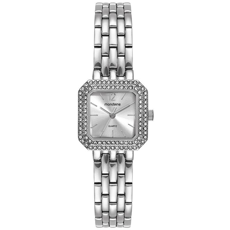 Relógio Feminino Quadrado Prateado Cristais - Mondaine
