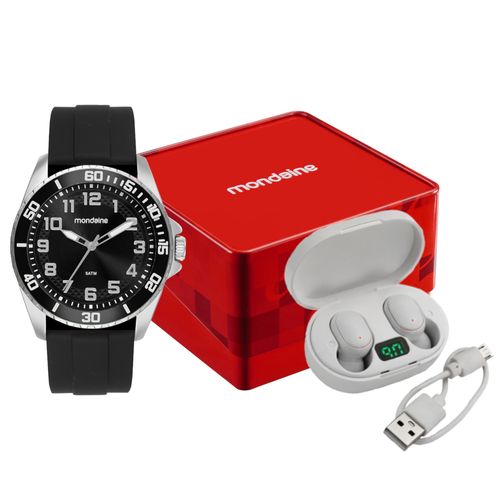 Kit Relógio Masculino Preto Pulseira Borracha