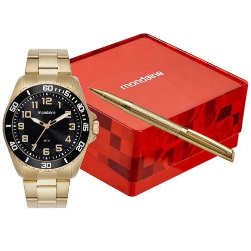 Kit Relógio Masculino Dourado Fundo Preto