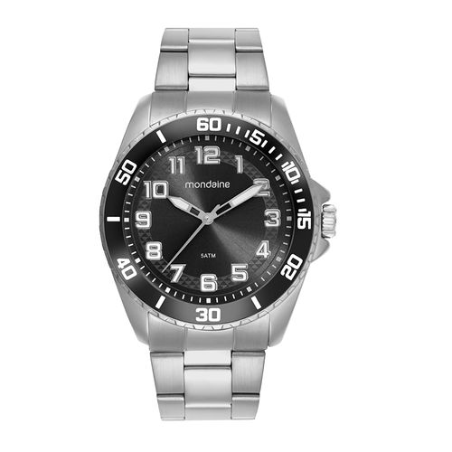 Kit Relógio Masculino Prata Aço Fundo Preto