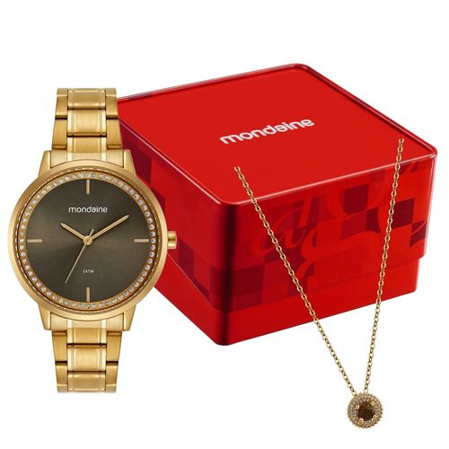 Kit Relógio Feminino Dourado Mostrador Marrom