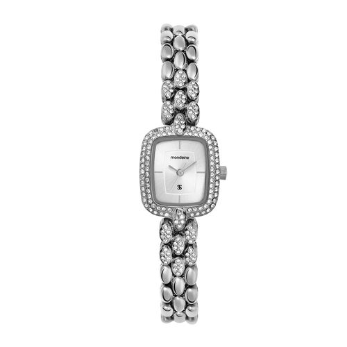 Relógio Feminino Analógico Retangular com cristais Prata