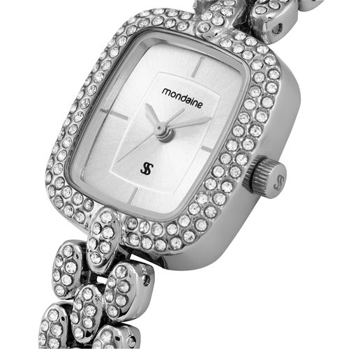 Relógio Feminino Analógico Retangular com cristais Prata