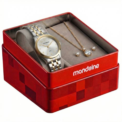 Kit Relógio Feminino Bicolor Numeração Completa com Colar e Brinco Ponto de Luz