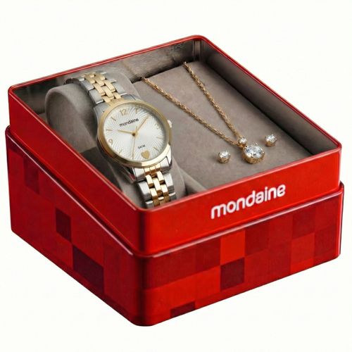 Kit Relógio Feminino Bicolor Detalhe Coração com Colar e Brinco Ponto de Luz