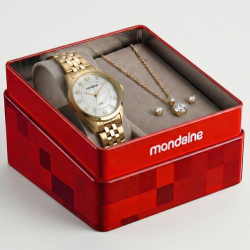 Kit Relógio Feminino Dourado Detalhe Coração com Colar e Brinco Ponto de Luz