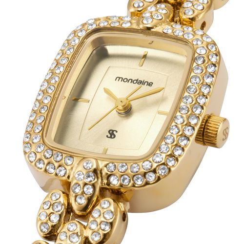 Relógio Feminino Analógico Retangular com cristais Dourado