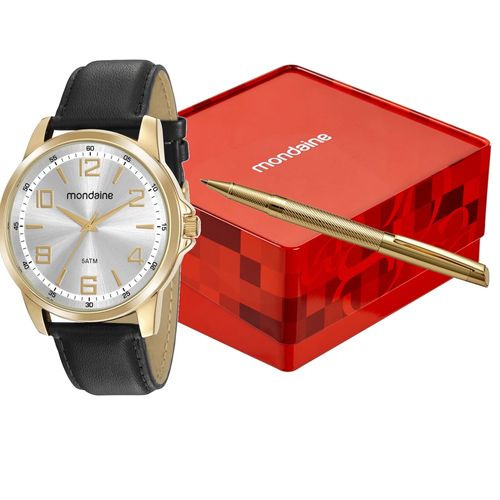 Kit Relógio Masculino Dourado Couro Sintético Caneta