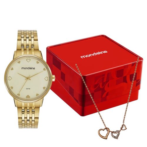 Kit Relógio Feminino Dourado Colar de Corações