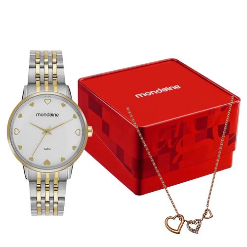 Kit Relógio Feminino Bicolor Colar de Corações