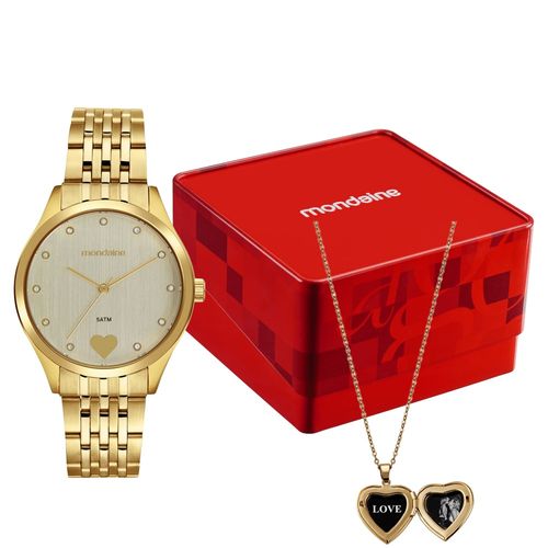 Kit Relógio Feminino Dourado Relicário de Coração