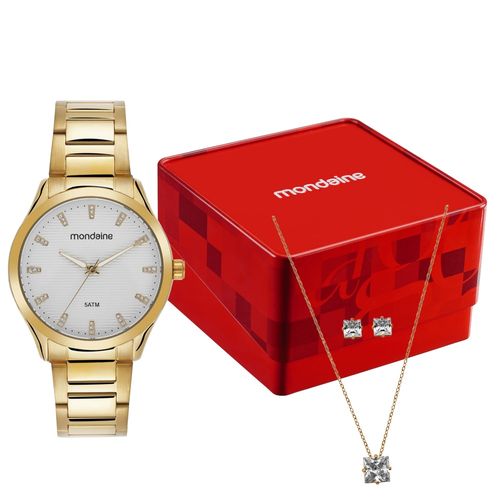 Kit Relógio Feminino Dourado Colar e Brincos de Cristal