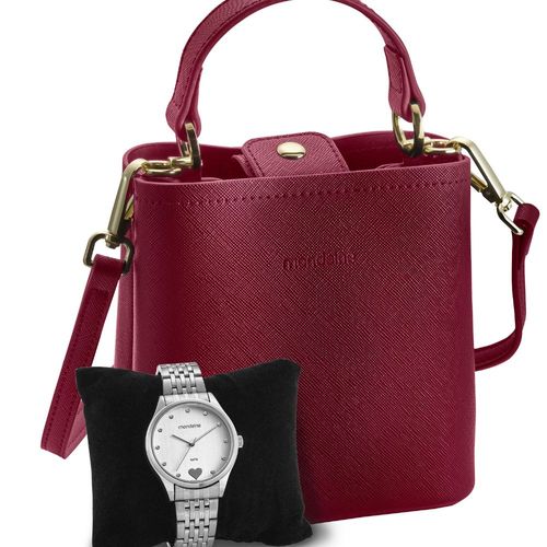 Kit Relógio Feminino Prata com Bolsa Vermelha