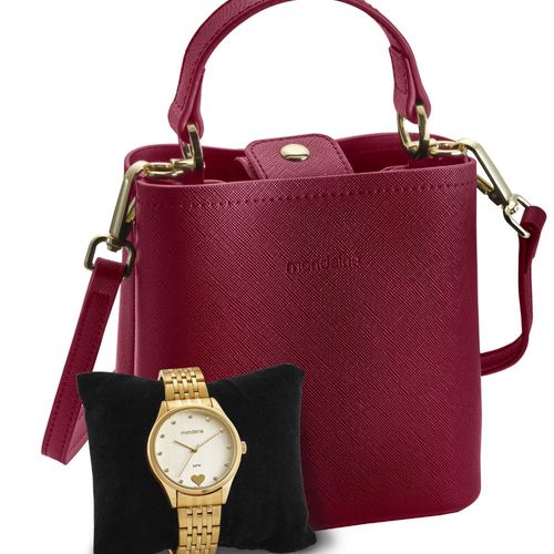 Kit Relógio Feminino Dourado com Bolsa Vermelha