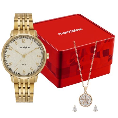 Kit Relógio Champagne Com Colar e Brincos