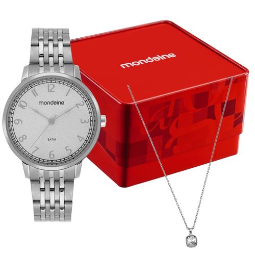 Kit Relógio Numeração Completa Prata com Colar