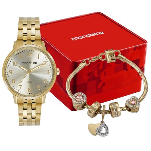 Kit Relógio Numeração completa Dourado e Pulseira