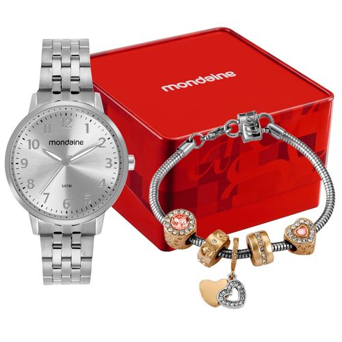 Kit Relógio Numeração completa Prata com Pulseira