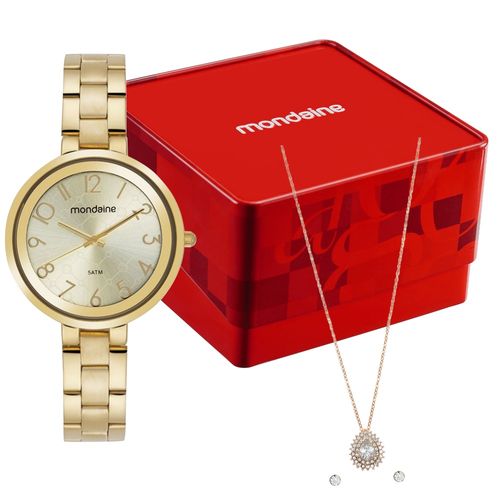 Kit Relógio Analógico Dourado Com Colar e Brincos