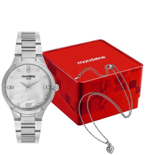 Kit Relógio Feminino Prata Com Colar de Coração