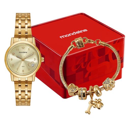 Kit Relógio Feminino Dourado Tema Cachorro Com Pulseira